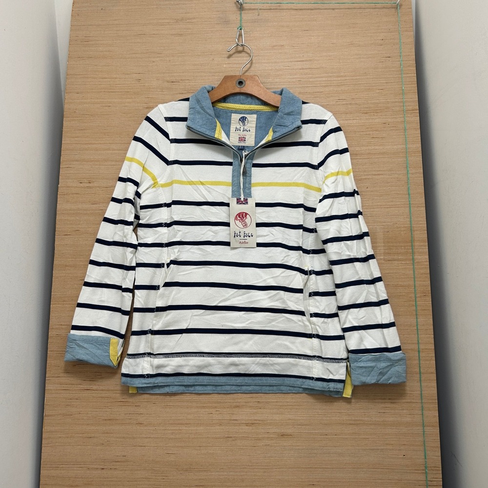 Fat Face The Airlie Striped Quarter Zip Pullover White Navy Yellow Mens XS NWT